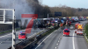 LKW bleibt nach Reifenpanne auf dem Seitenstreifen liegen, weiterer LKW krachte in stehenden LKW und geht in Flammen auf - Fahrer steigt Sekunden vorher aus seinem LKW und danach steht der LKW in Vollbrand: LKW Fahrer werden beide nur leichtverletzt. Vollsperrung voraussichtlich bis zum Nachmittag!